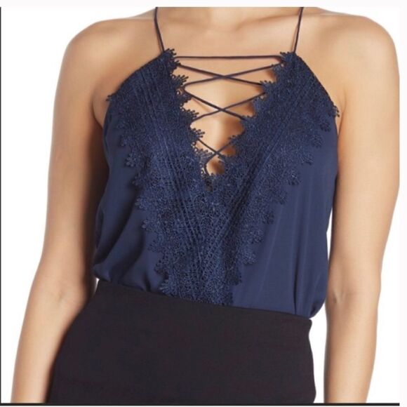 WAYF Navy Blue Lace Tie Up Bodysuit - Picture 1 of 7